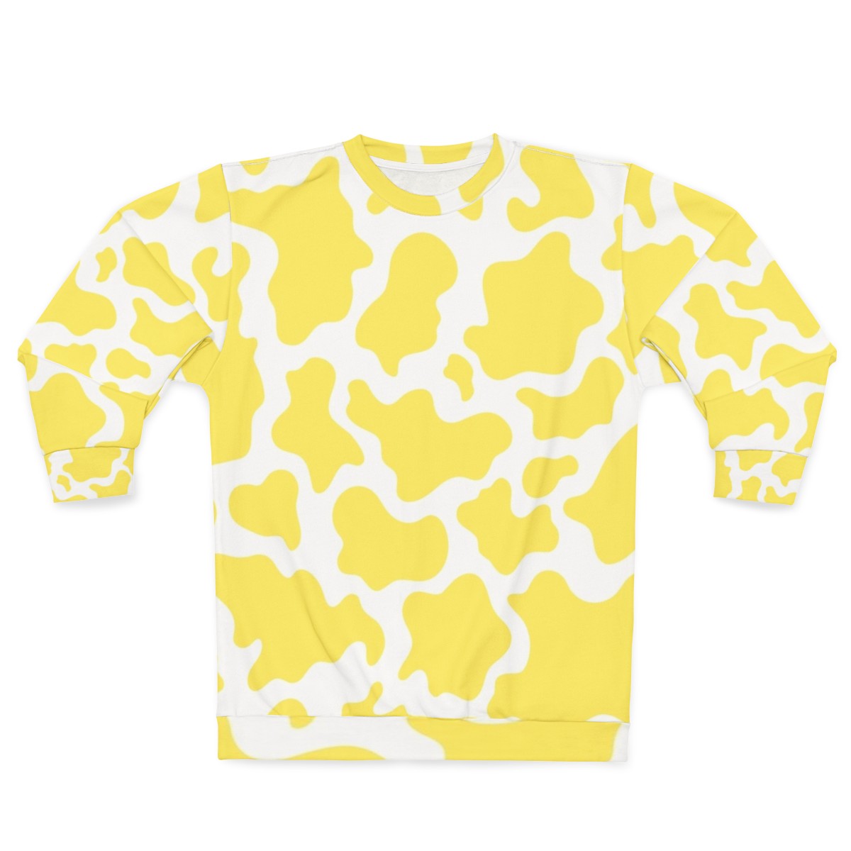 Yellow cow print sweatshirt with textured animal skin pattern