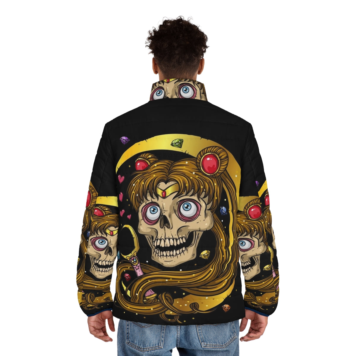 Puffer jacket with a moon skull design for a dark, occult fashion look - men back