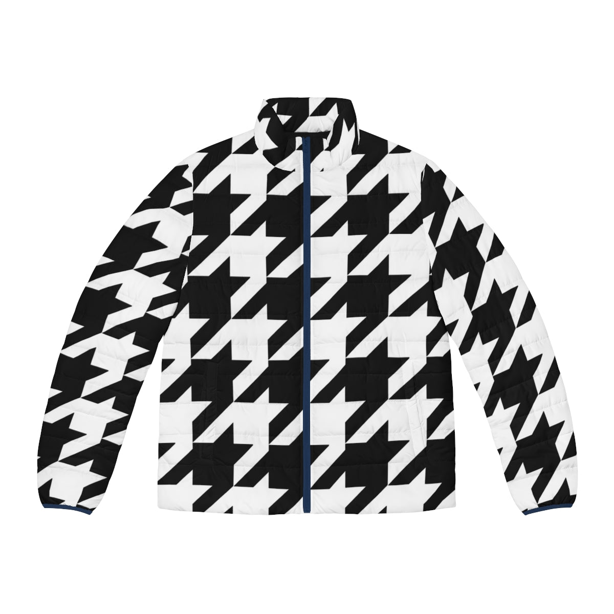 Houndstooth puffer jacket with large print pattern