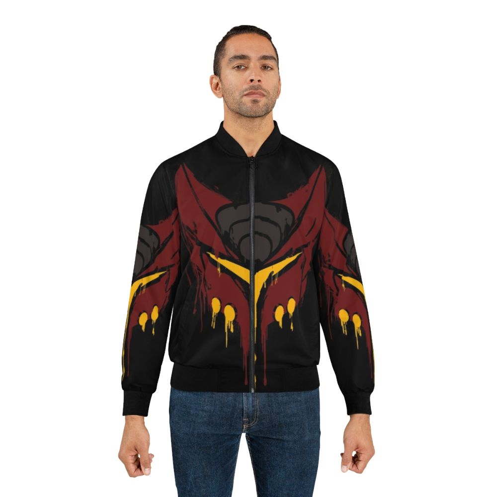 A red and orange stencil-designed bomber jacket featuring the iconic Ratchet character from the Ratchet and Clank video game franchise. - Lifestyle