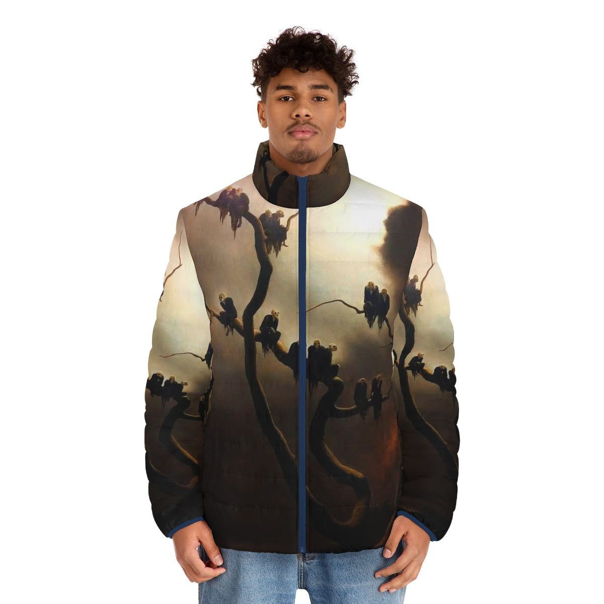 Retro puffer jacket with a surreal, haunting design featuring ghostly figures in a tree - men front