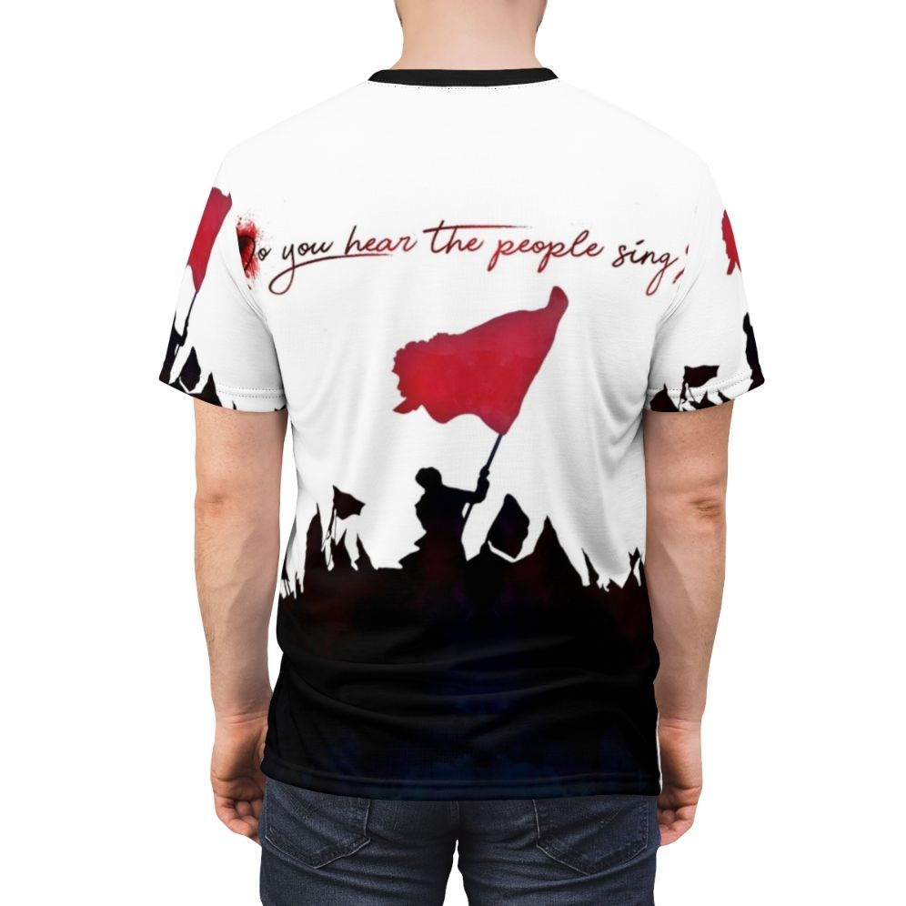 Colorful AOP T-shirt featuring the iconic "Do You Hear the People Sing" lyrics from the musical Les Misérables - men back