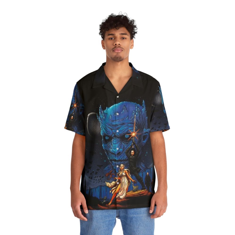 Game of Thrones inspired Hawaiian shirt with fire, ice, and battle motifs - People Front