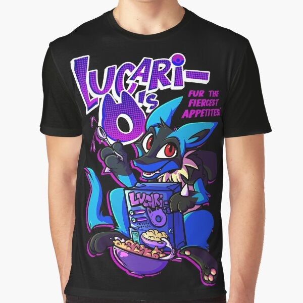 Graphic t-shirt featuring a cartoon wolf character and a Lucari-O's cereal box design in a vaporwave/comic style.