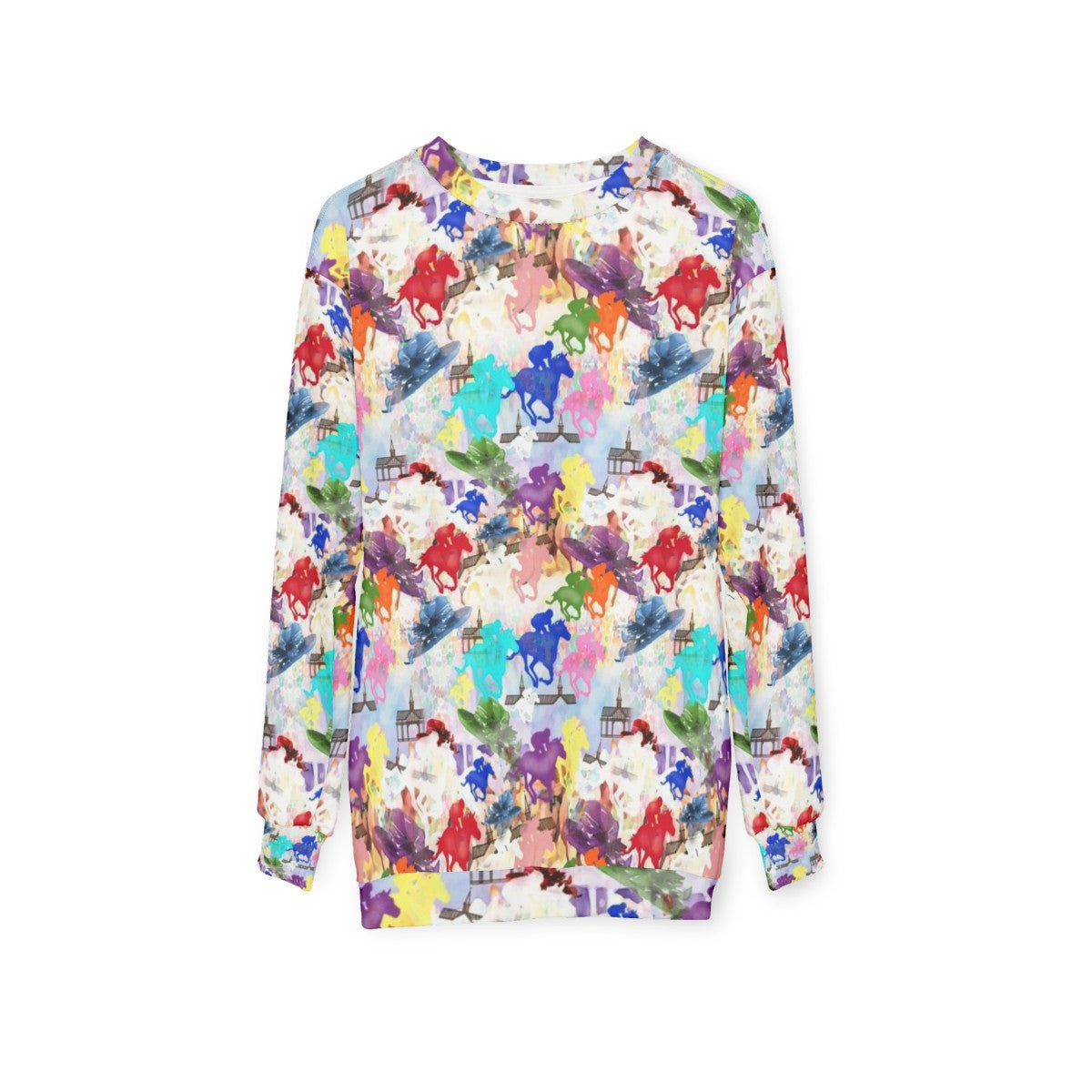 Colorful horse silhouette on a vibrant horse racing sweatshirt - hanging