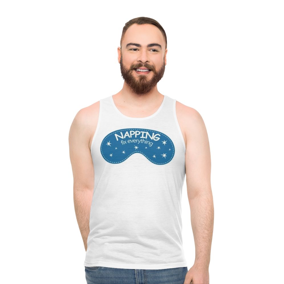 Unisex napping tank top featuring inspirational "Naps Fix Everything" quote - men