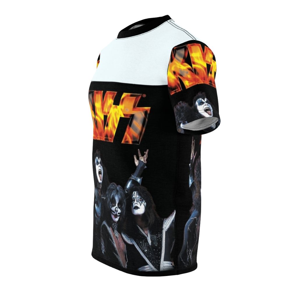 A stylish and vibrant T-shirt featuring a collage of KISS band members and imagery, capturing the energy and essence of the legendary glam metal group. - men left