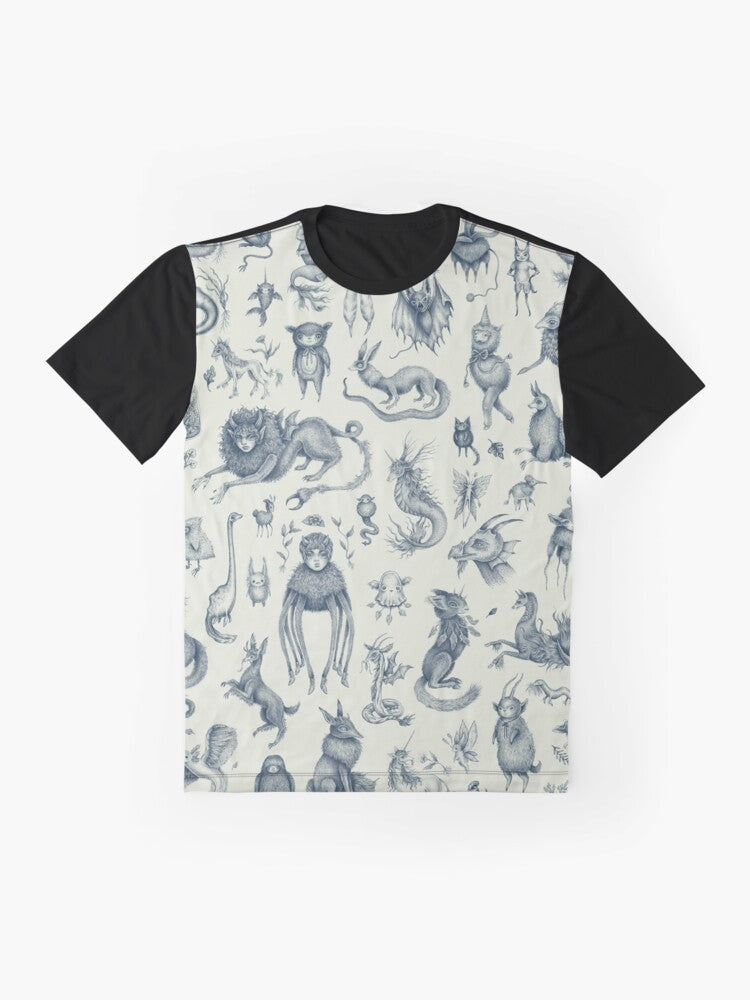 Graphic t-shirt featuring pastel-colored illustrations of mythical creatures like nessie, bigfoot, and dragons - Flat lay