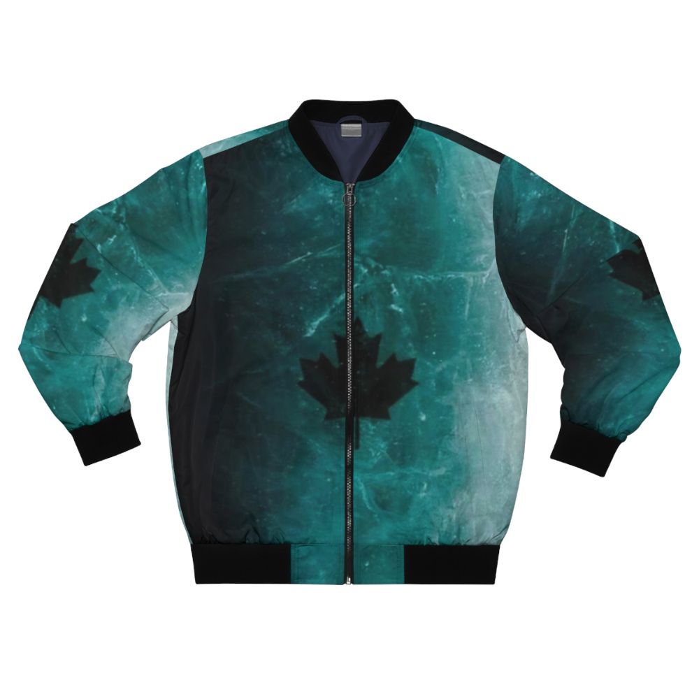 A black and white bomber jacket with an icy, crystal-like pattern and design inspired by video game tactical gear.