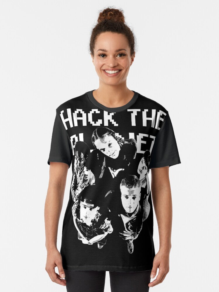 90s hackers graphic t-shirt with text "Hack the Planet" - Women