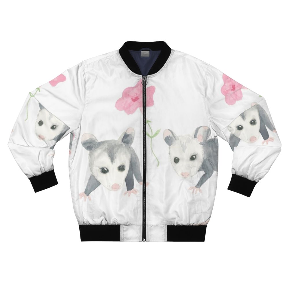 Bomber jacket with a cute baby opossum and pink petunias design