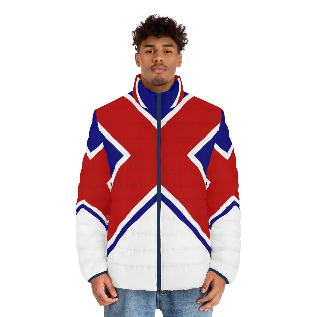 Union Cross Puffer Jacket featuring British superhero Captain Britain from Marvel Comics - men front