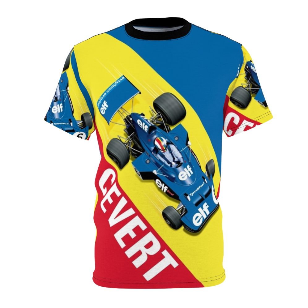 Vintage racing-inspired t-shirt featuring a graphic design of a classic race car