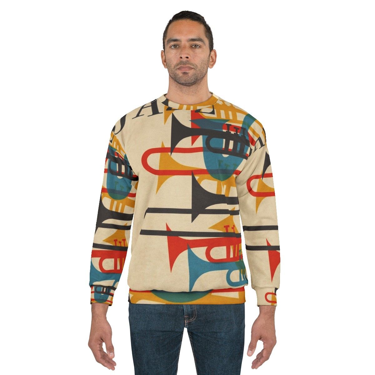 Vintage jazz sweatshirt with saxophone and trumpet design - men