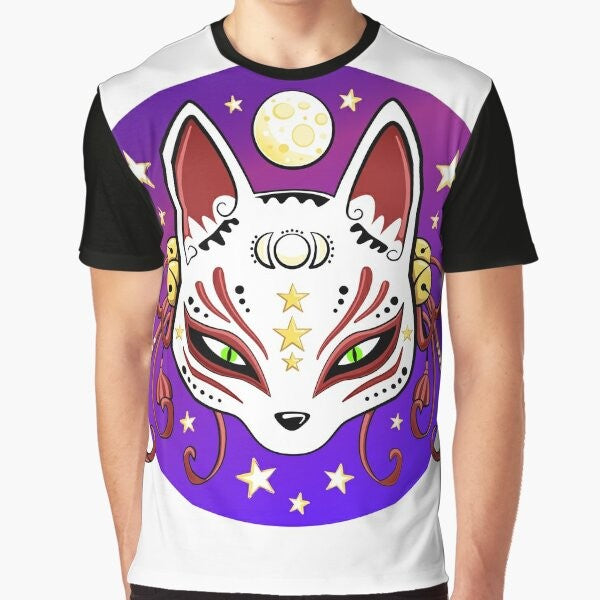 Cute and whimsical graphic t-shirt featuring a kitsune (Japanese fox) mask design with stars, moon, and magical elements.