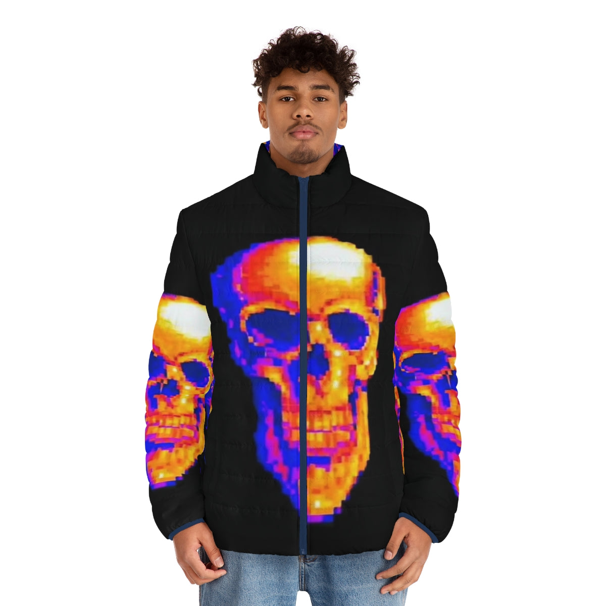 Mde Puffer Jacket featuring pixel art and a skull design - men front