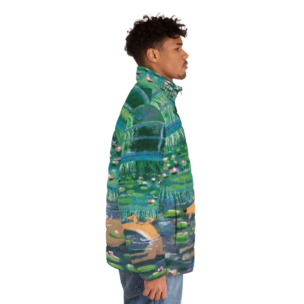 Greyhound puffer jacket with impressionist art design - men side right