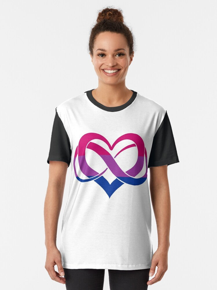 Bisexual pride LGBTQ polyamorous graphic t-shirt with watercolor bi flag, poly heart, and infinity symbol design - Women