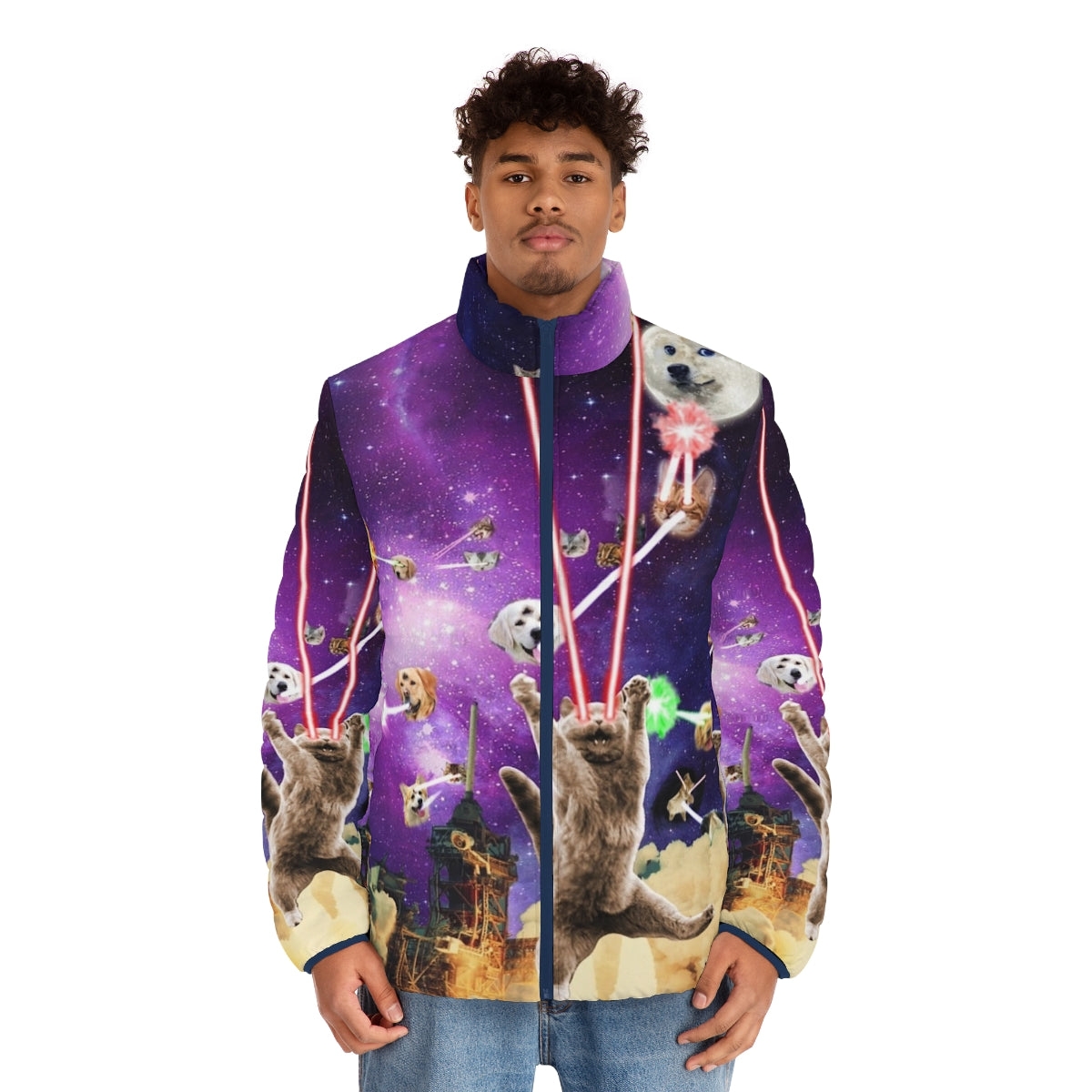 Cats with laser eyes wearing a stylish puffer jacket in a space-themed design - men front