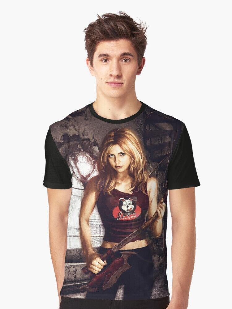 Buffy the Vampire Slayer graphic design t-shirt featuring the show's logo and characters - Men