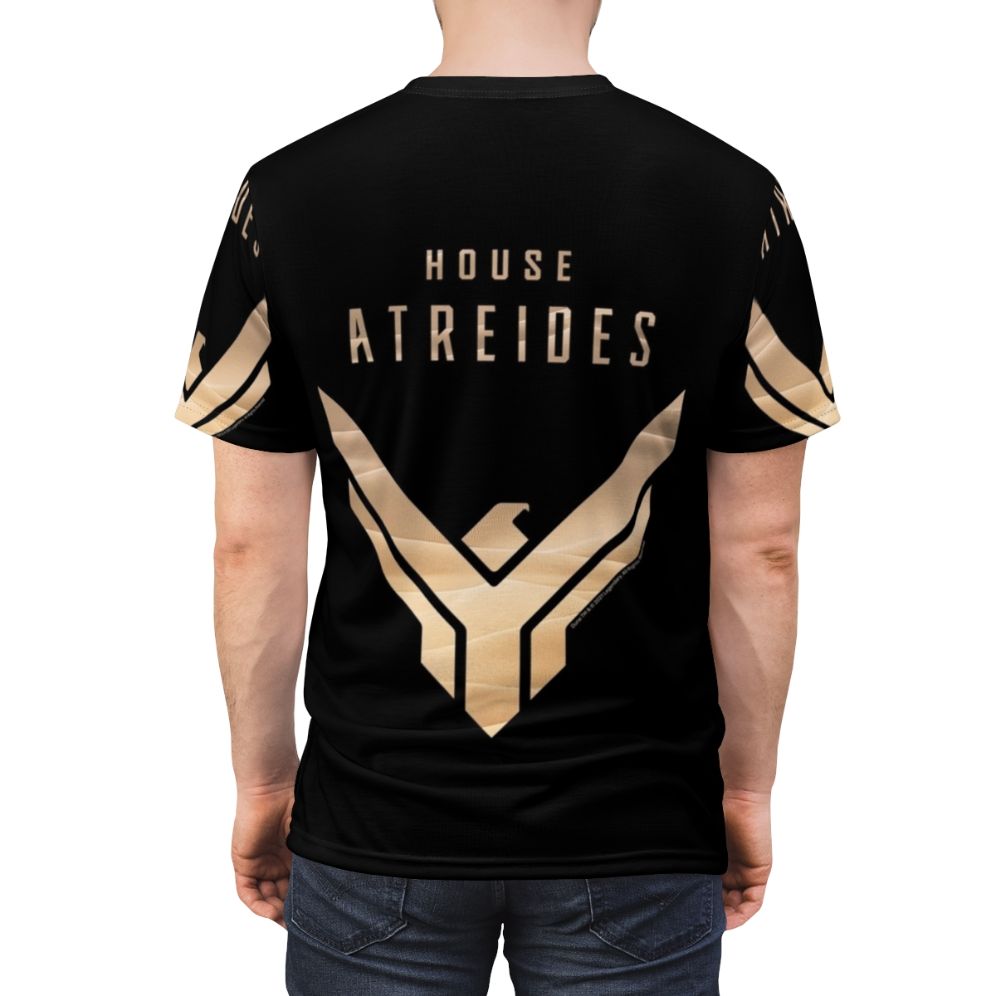 Atreides faction logo graphic on a high-quality t-shirt for passionate Dune fans - men back