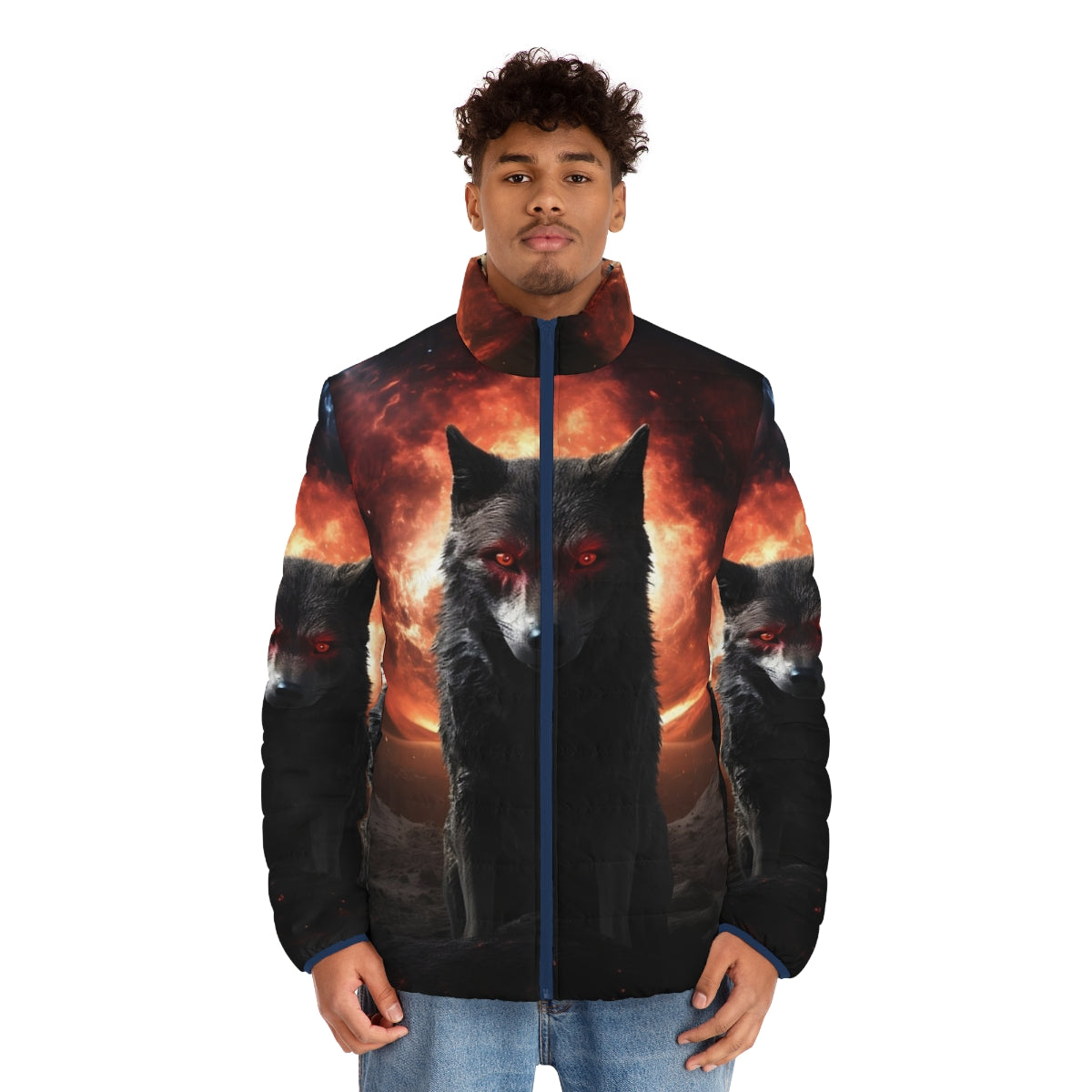 Satanic dog puffer jacket with a spooky, horror-themed design - men front