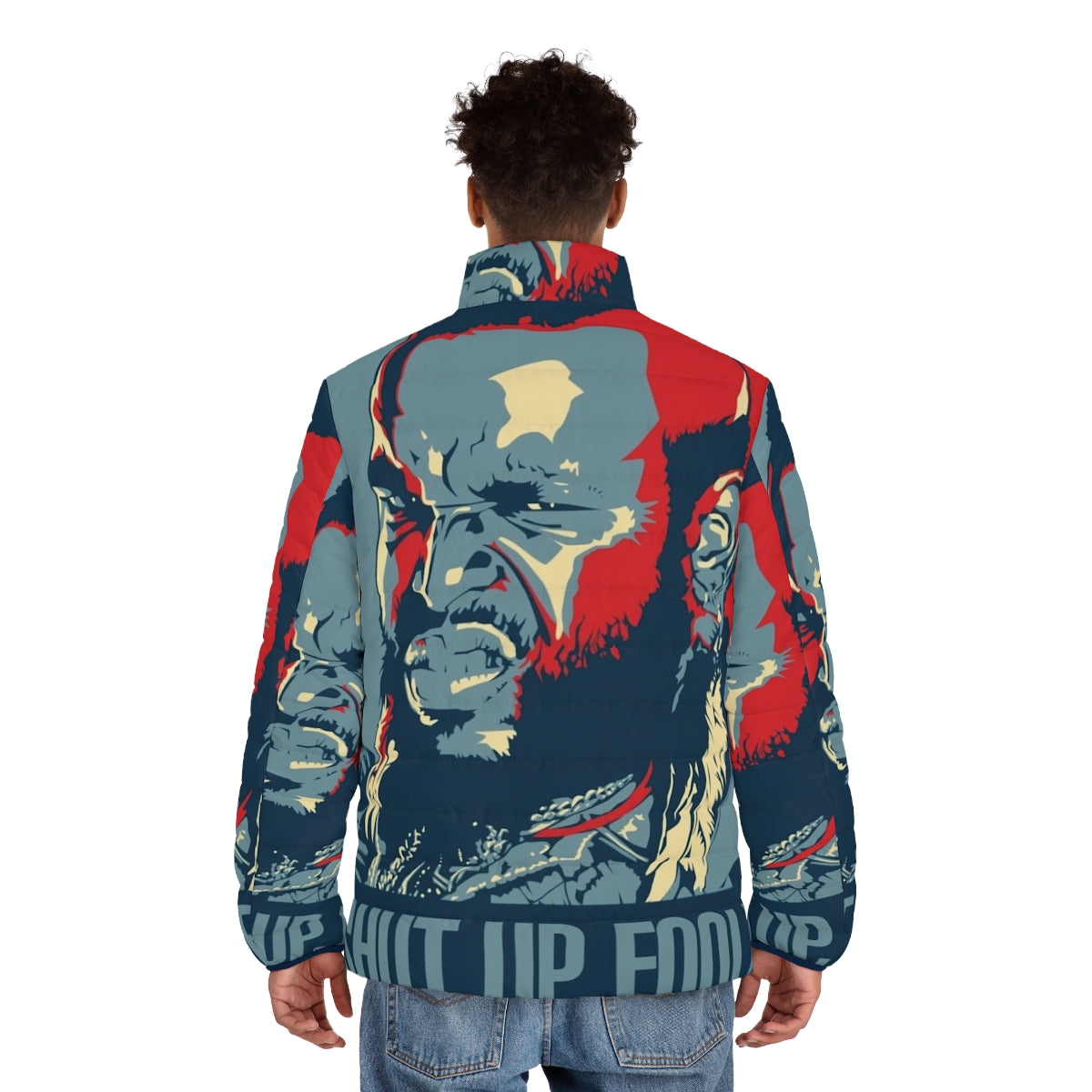 Mr T "Shut Up Fool" Puffer Jacket featuring retro A-Team inspired design - men back