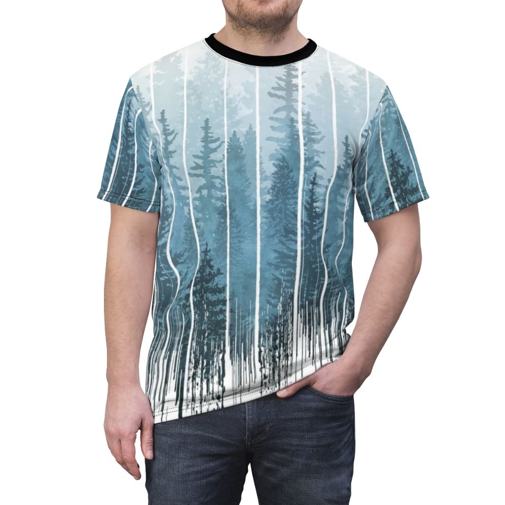 Grunge dripping turquoise and misty forest design on a t-shirt - men front