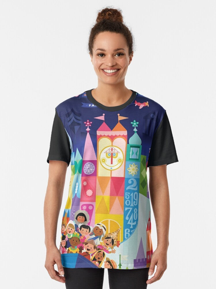 A vibrant and whimsical graphic t-shirt featuring a small world fantasyland with boats, cities, and a childish world filled with vector art, anime, and children's illustration. - Women