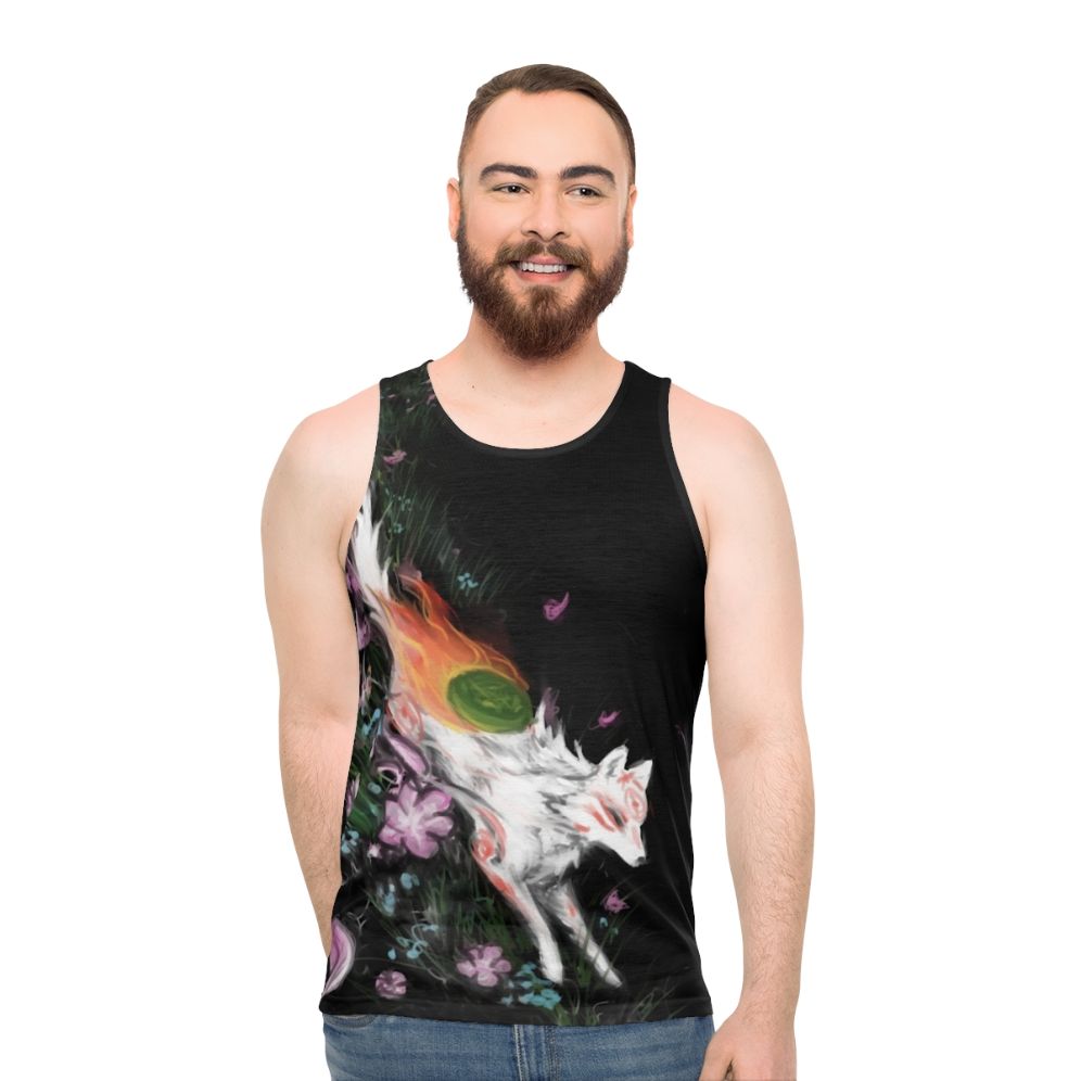 Okami unisex tank top featuring the wolf goddess Amaterasu - men