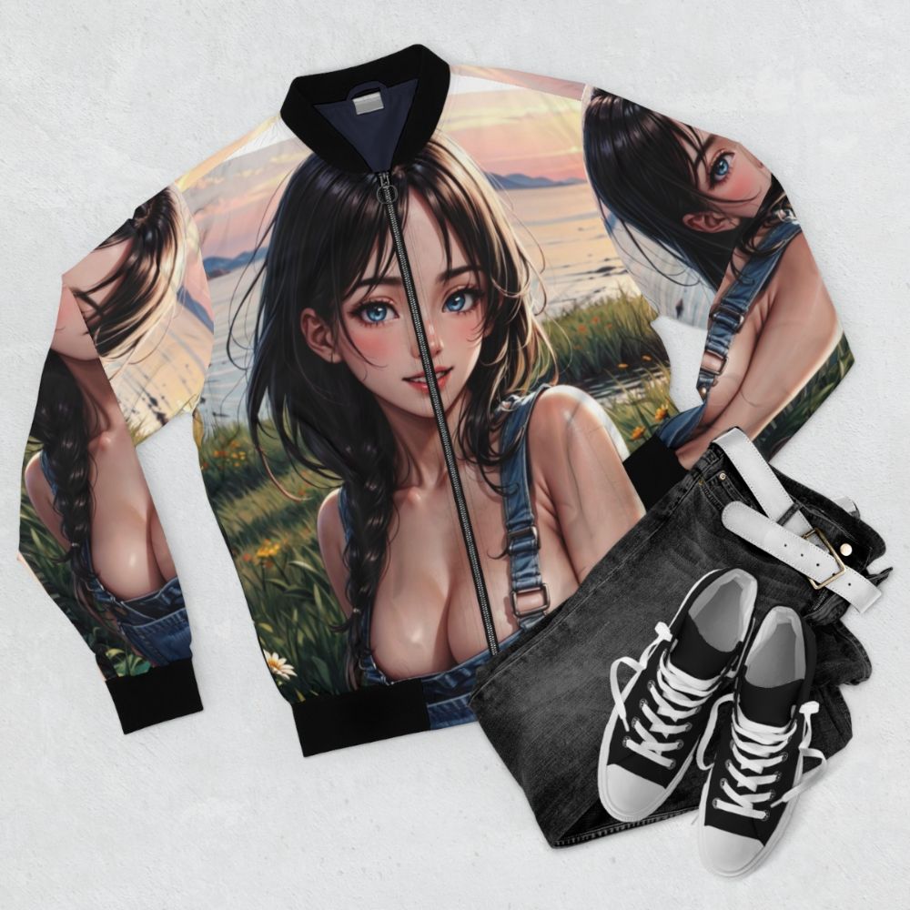 Anime pin-up girl Syun Kamakado 047 wearing a bomber jacket and picking wildflowers - Flat lay