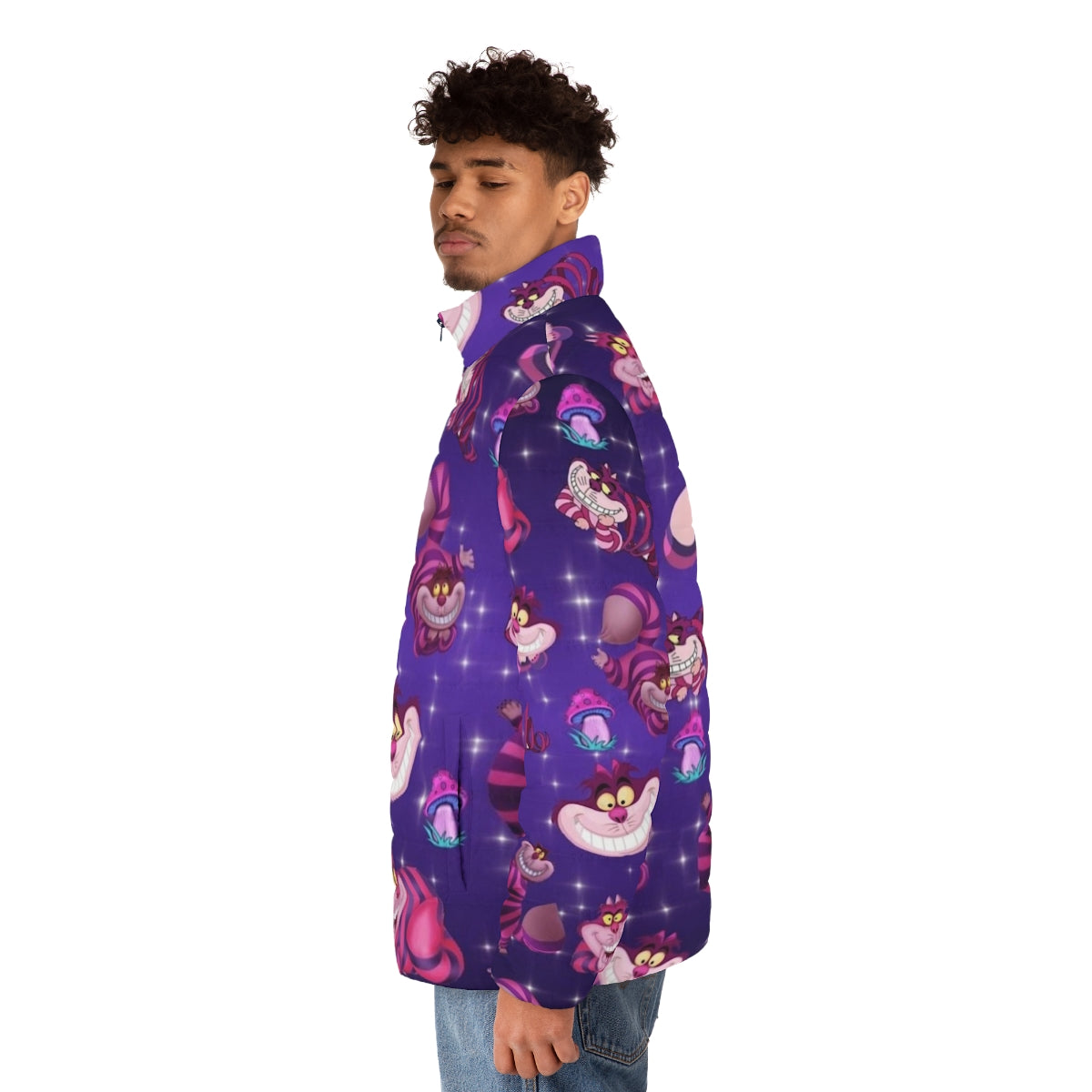 A purple puffer jacket with mushroom and cheshire cat designs, perfect for the autumn season. - men side left