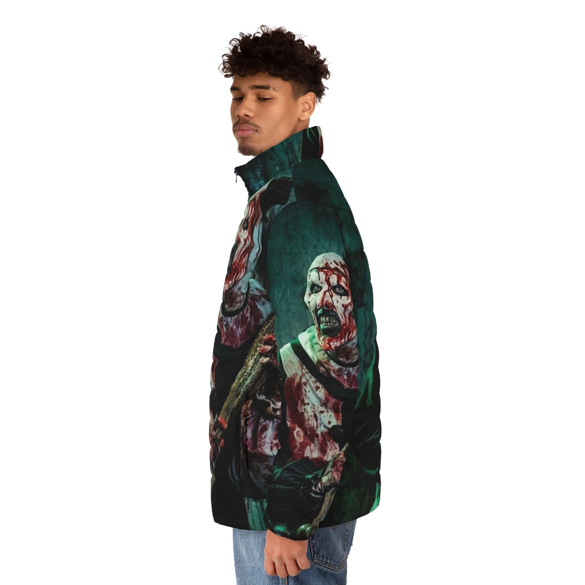 Terrifier 2 Art the Clown Puffer Jacket featuring the iconic horror movie villain - men side left