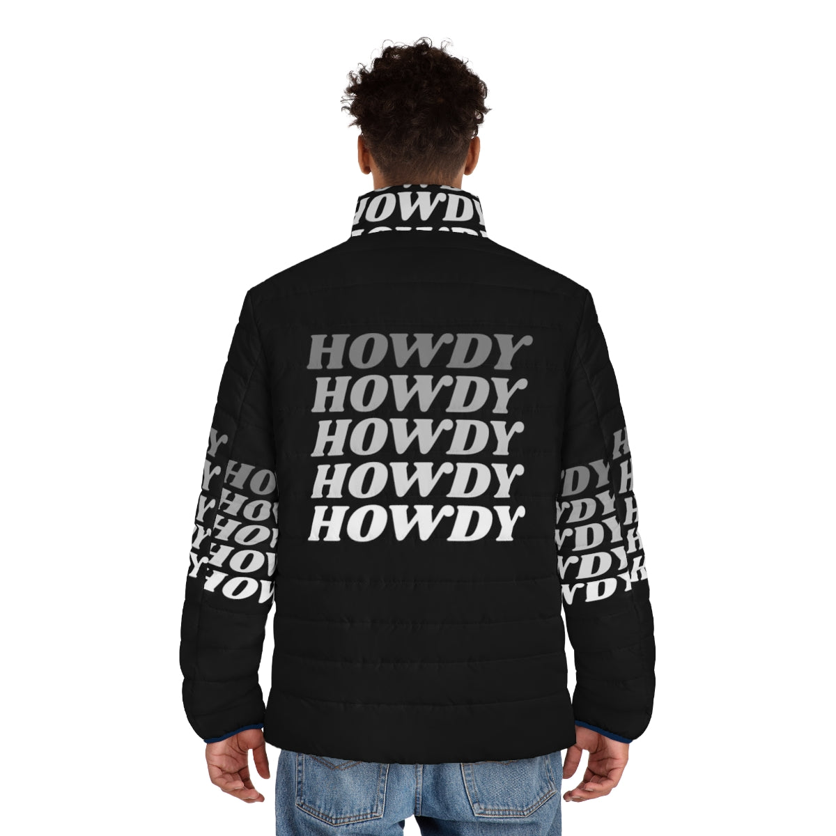 A warm and stylish howdy-themed puffer jacket perfect for Western and country-inspired outfits - men back