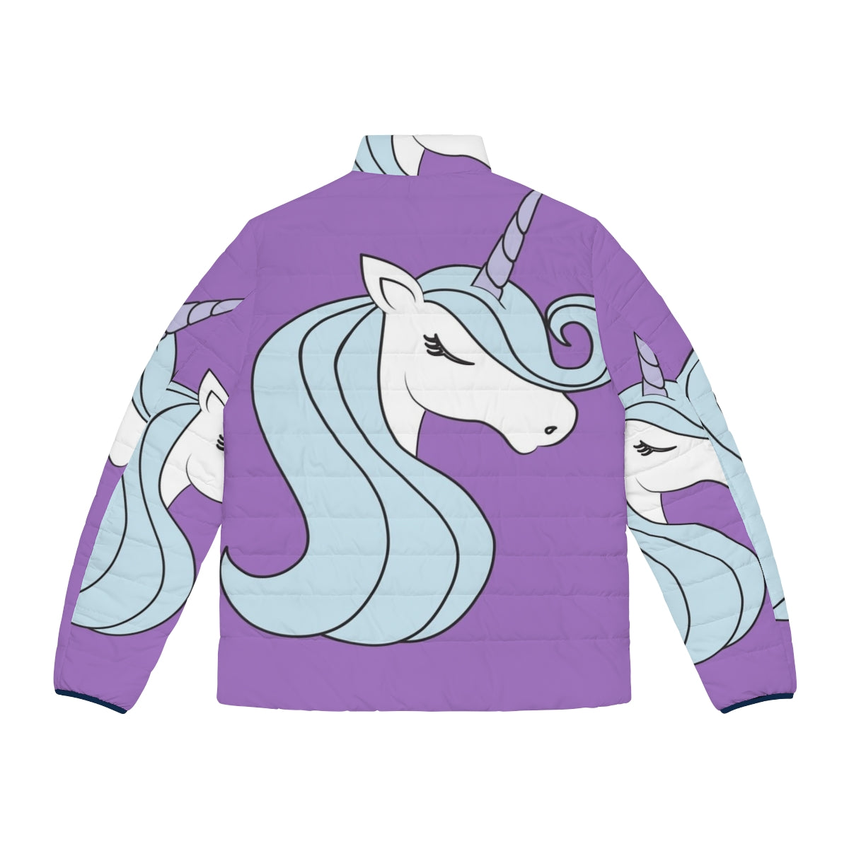 The Last Unicorn Minimalist Puffer Jacket with a unicorn head and horn in purple and blue - Back