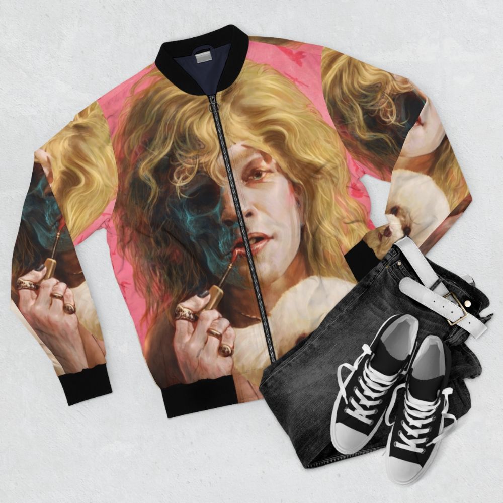 Buffalo Bill inspired bomber jacket with a chilling, thriller horror design - Flat lay