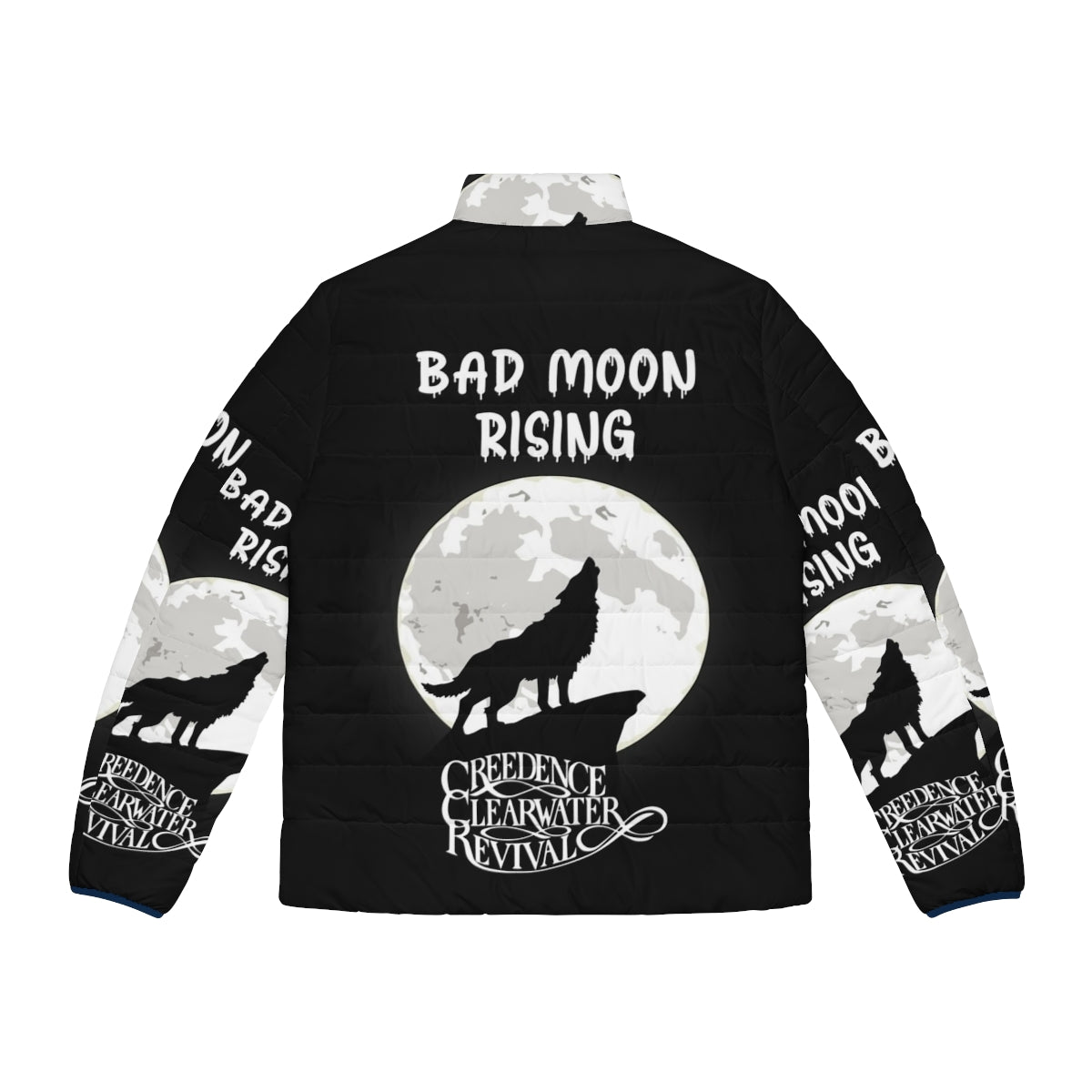 Creedance Clearwater Revival "Bad Moon Rising" puffer jacket with vintage music and fashion design - Back