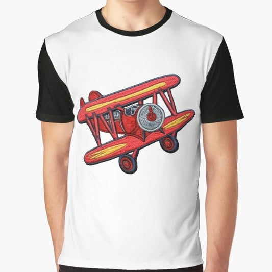 Embroidered airplane graphic t-shirt featuring a crop duster plane and pilot's patch design