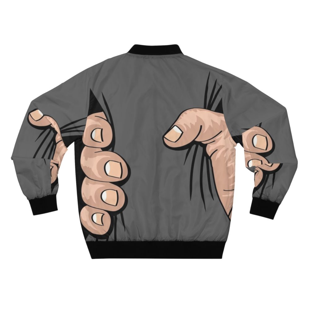 A bomber jacket featuring an illustration of a giant hand squeezing and grabbing the wearer. - Back