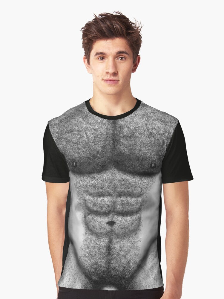 A graphic t-shirt featuring the hairy torso of a muscular naked man - Men