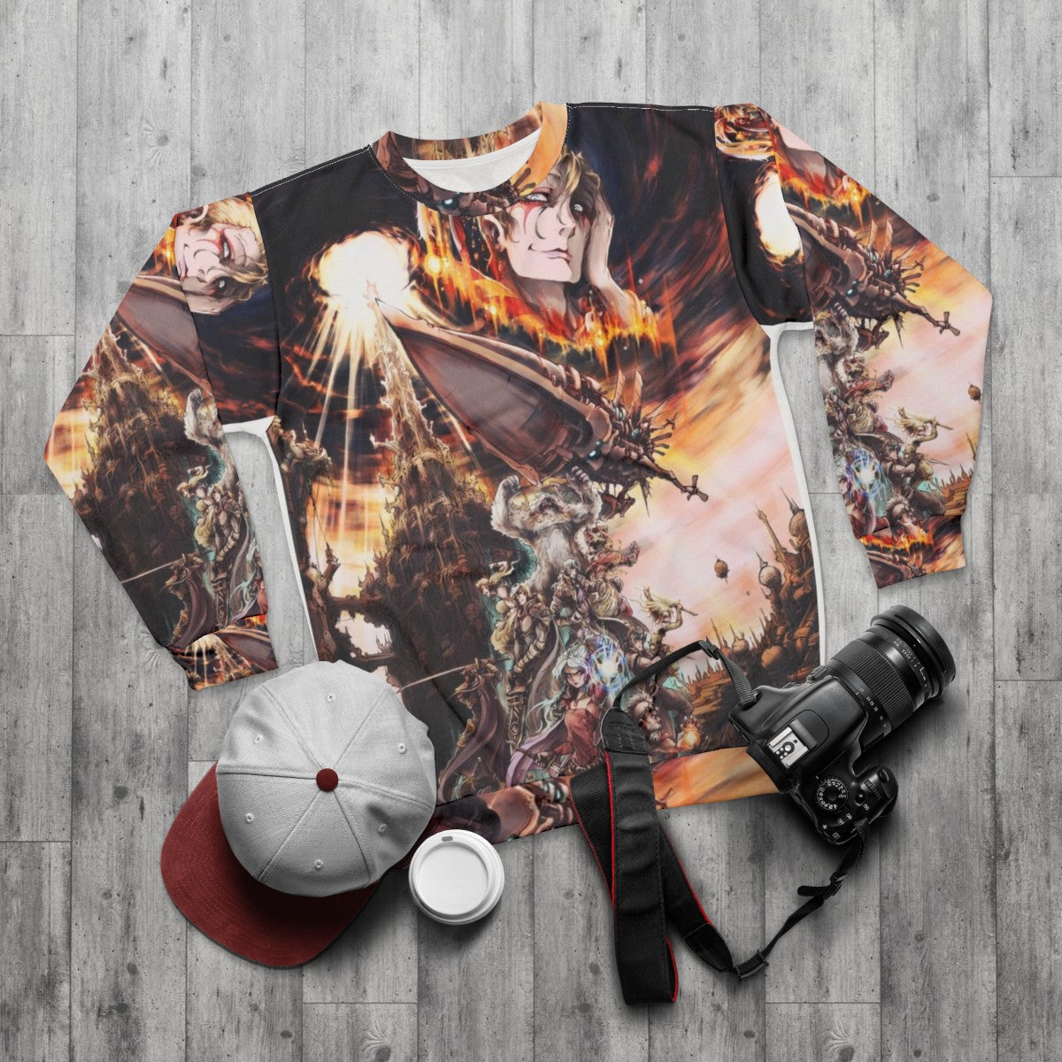 Final Fantasy Sweatshirt with Cloud, Tifa, and Sephiroth - flat lay