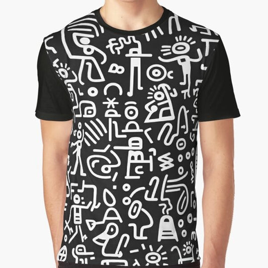 Graphic t-shirt featuring a black and white compass pattern design inspired by the bold style of artist Keith Haring, promoting optimism and unity.