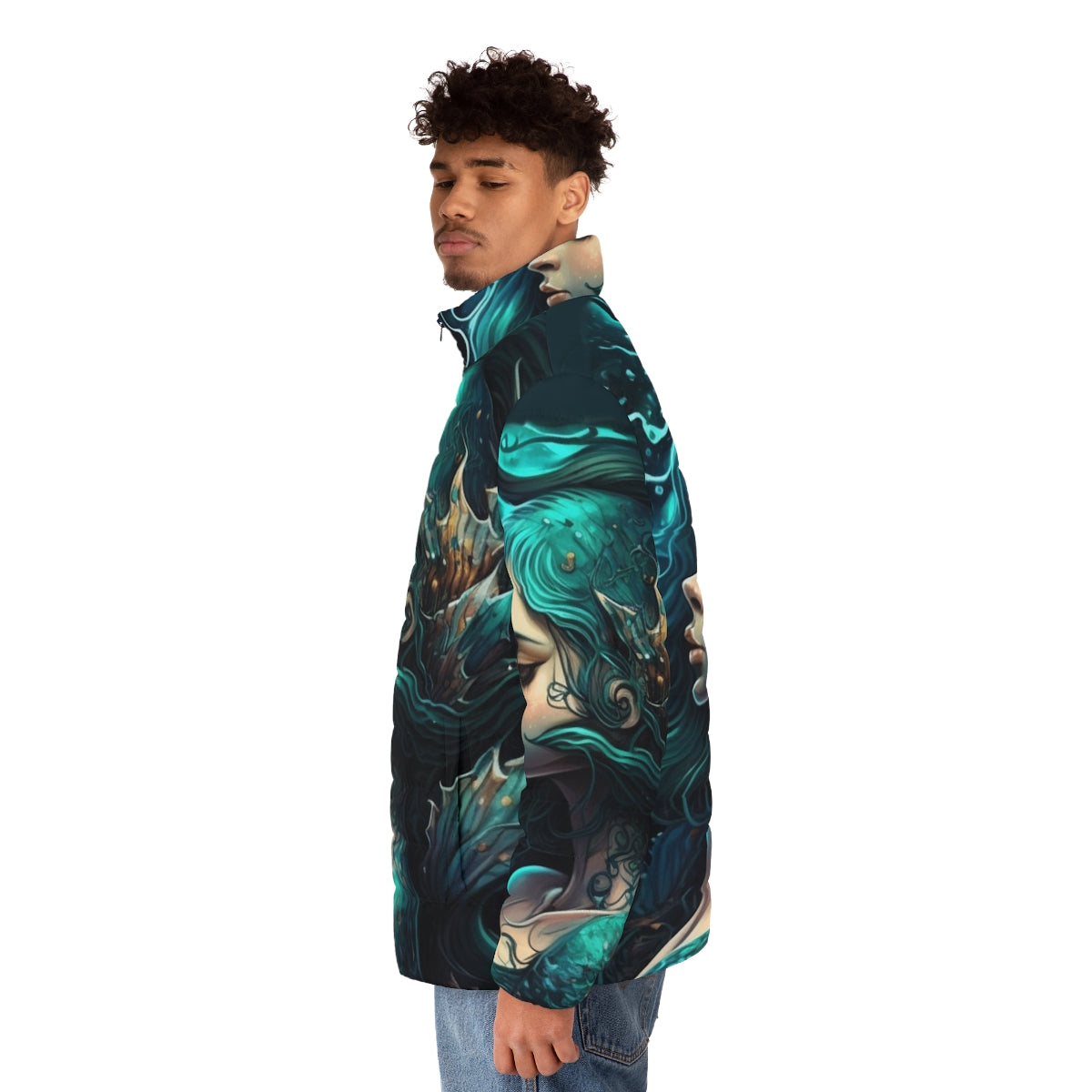 Puffer jacket featuring enchanting sea creature designs, perfect for fantasy fashion enthusiasts - men side left