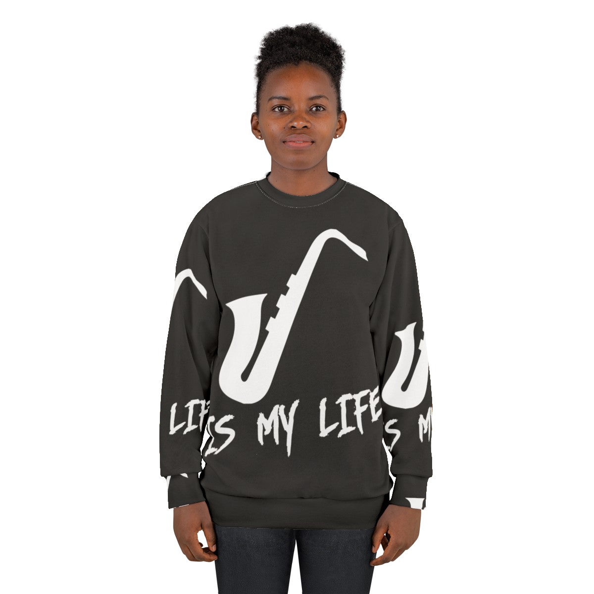 Man wearing saxophone sweatshirt, saxophone-themed apparel - women