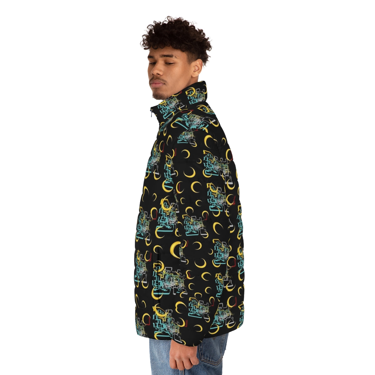 Colorful dan flashes pattern puffer jacket with abstract and graphic designs - men side left