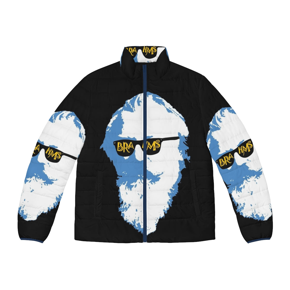 Puffer jacket with 70s-inspired "Brain Capers" design, inspired by the music of Mott the Hoople