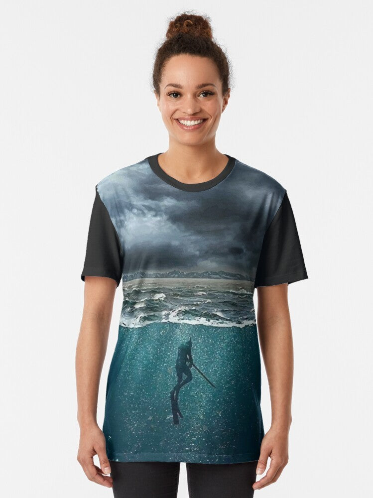 Spearfishing graphic t-shirt featuring an underwater hunting design with marine life elements - Women