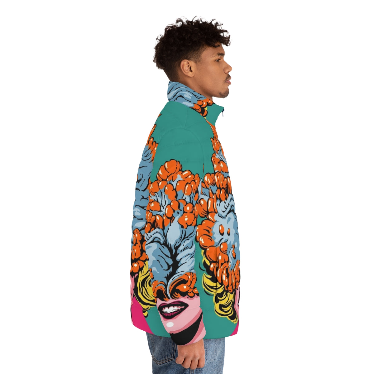 Pop art inspired puffer jacket featuring a cordyceps mushroom design - men side right