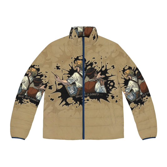 Ink splatter puffer jacket with artistic design