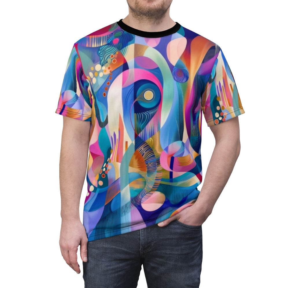 Vibrant abstract geometric design t-shirt with bold, colourful patterns inspired by modern art - men front